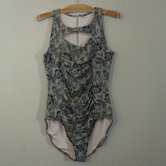 Garnet Hill Active High-Neck One-Piece Swimsuit Olive Green Floral 14 Beach - Picture 2 of 10